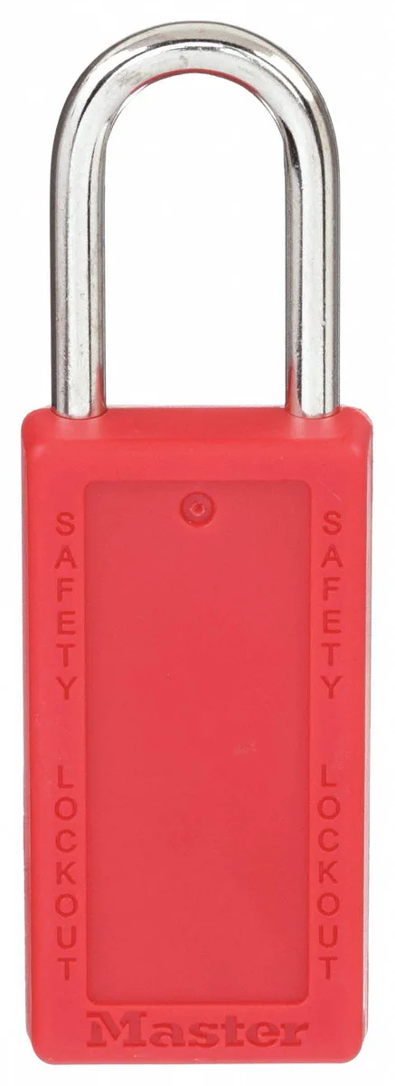 Red thermoplastic safety padlock with hardened steel shackle, keyed alike, pack of 12