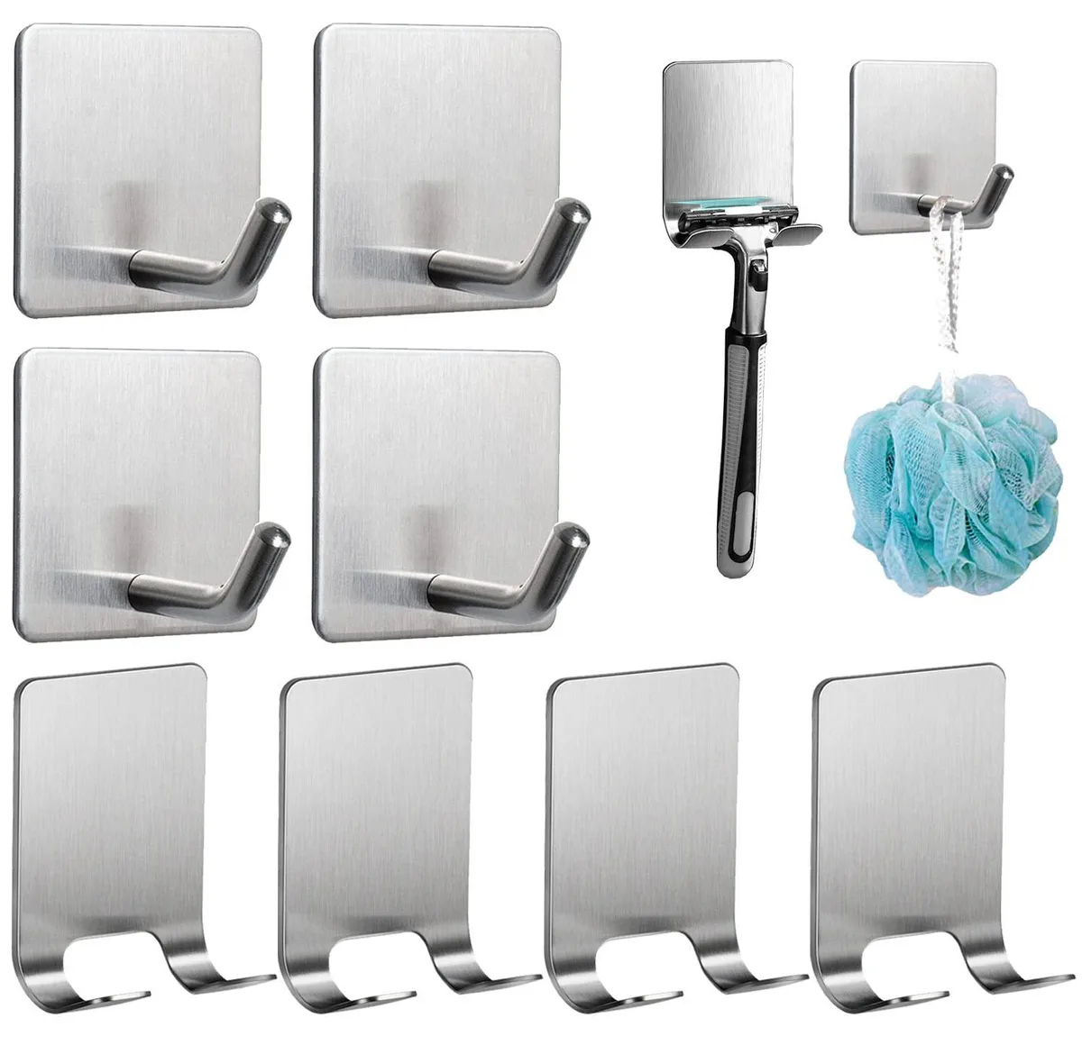 Eight silver stainless steel adhesive hooks and four razor holders on a plain background
