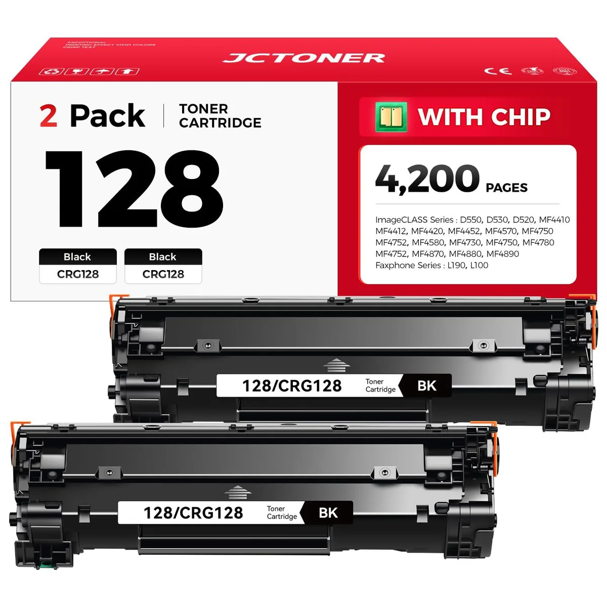 Two rectangular black toner cartridges side by side in white packaging