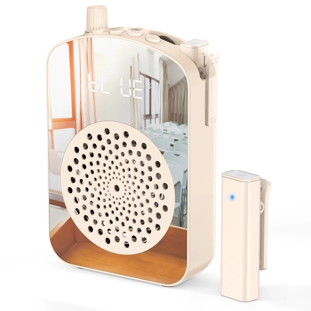 Beige square speaker with clip-on wireless microphone in charging case