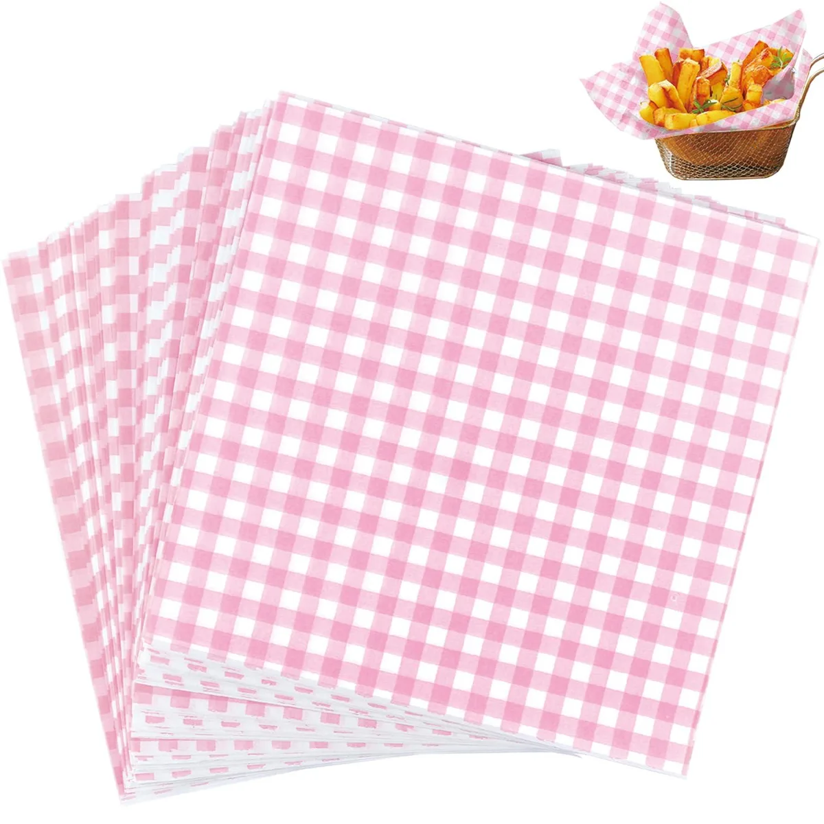 Stack of 100 pink checkered waxed deli paper sheets 7 by 7 inches