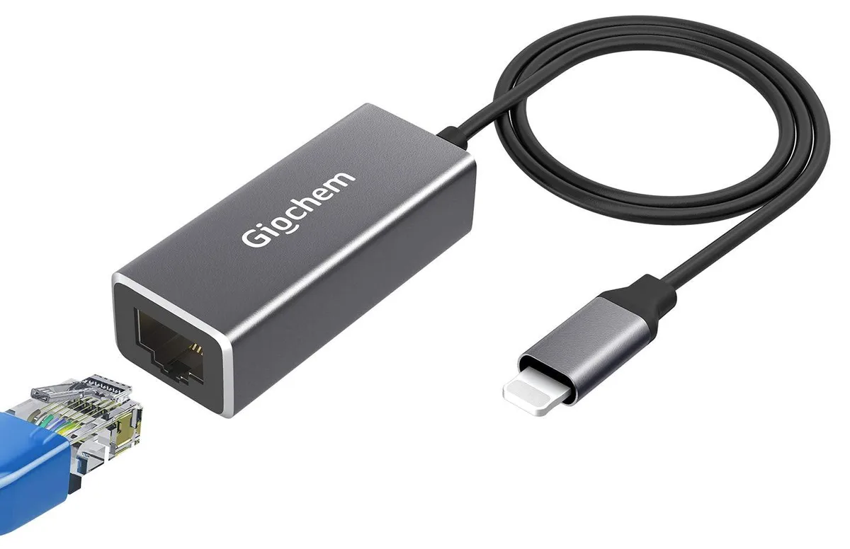 Grey Ethernet adapter with short cable and Lightning connector