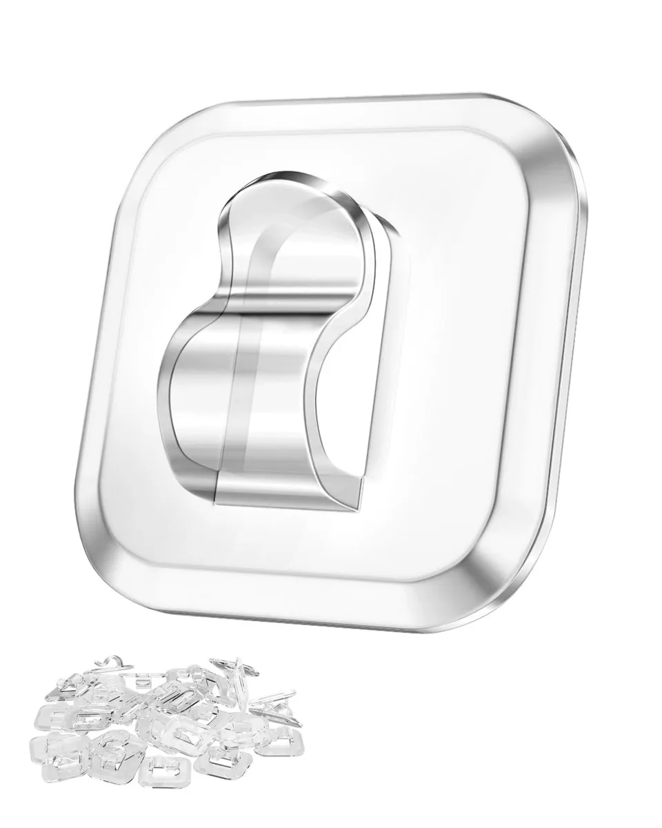 Clear plastic mini hooks with adhesive strips on a card