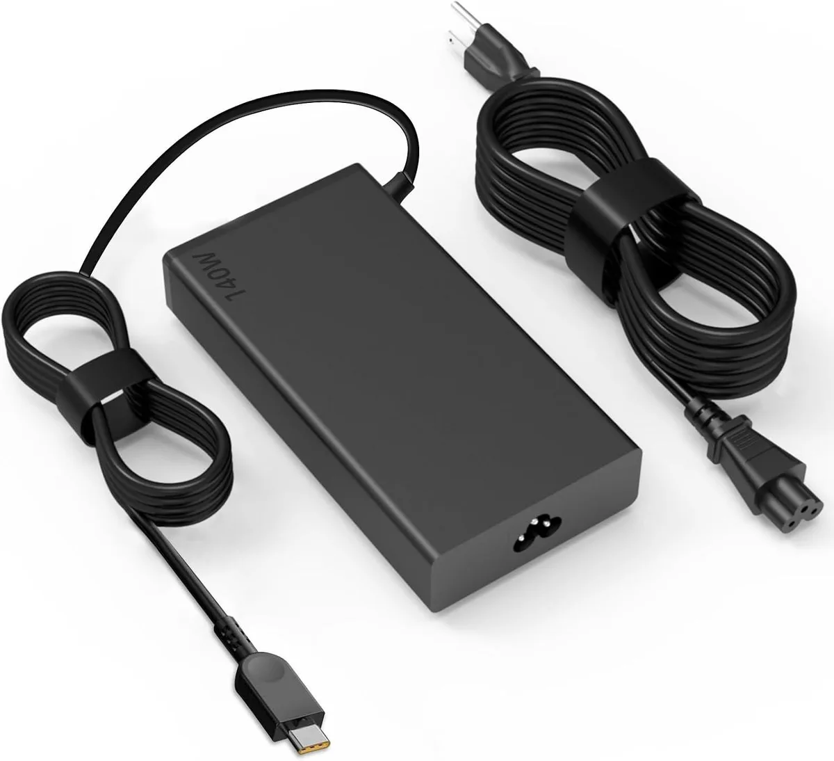 Slim rectangular charger with matte black finish and USB-C cable attached