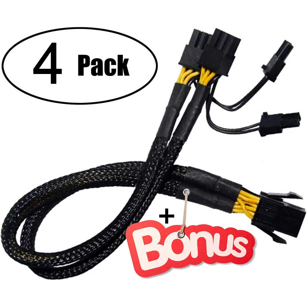Hitoor Hitoor PCI-e 6 Pin to Dual 8 Pin (6+2) Internal Power Cable 20cm 18AWG Black 4 Pack — product photo