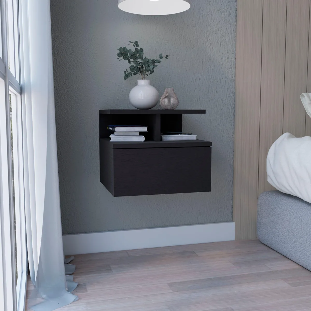 tuphen tuphen Floating Nightstand 12"H Wall Mounted Single Drawer 2-Tier Shelf Black — product photo