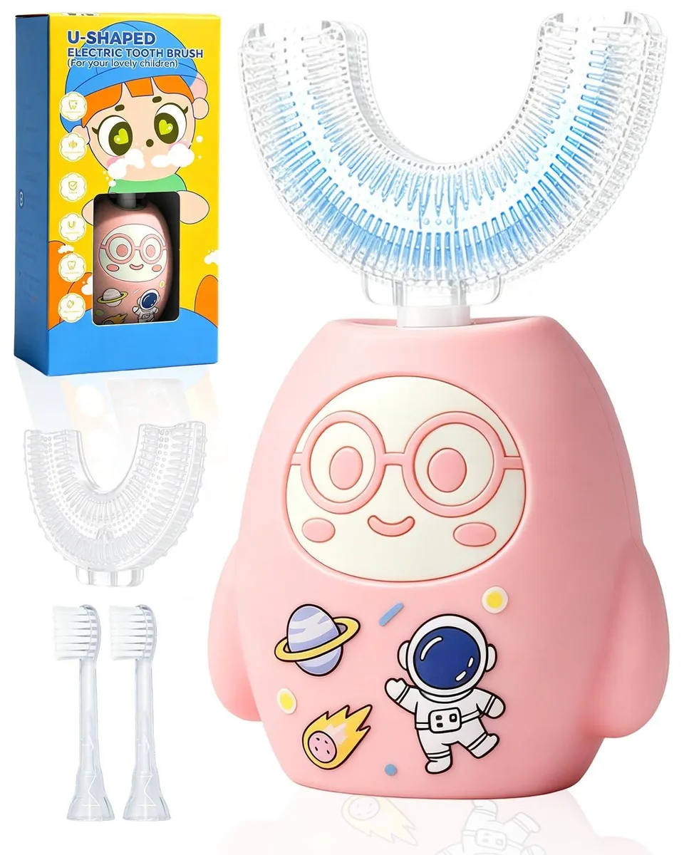 Pink U-shaped sonic toothbrush with four brush heads