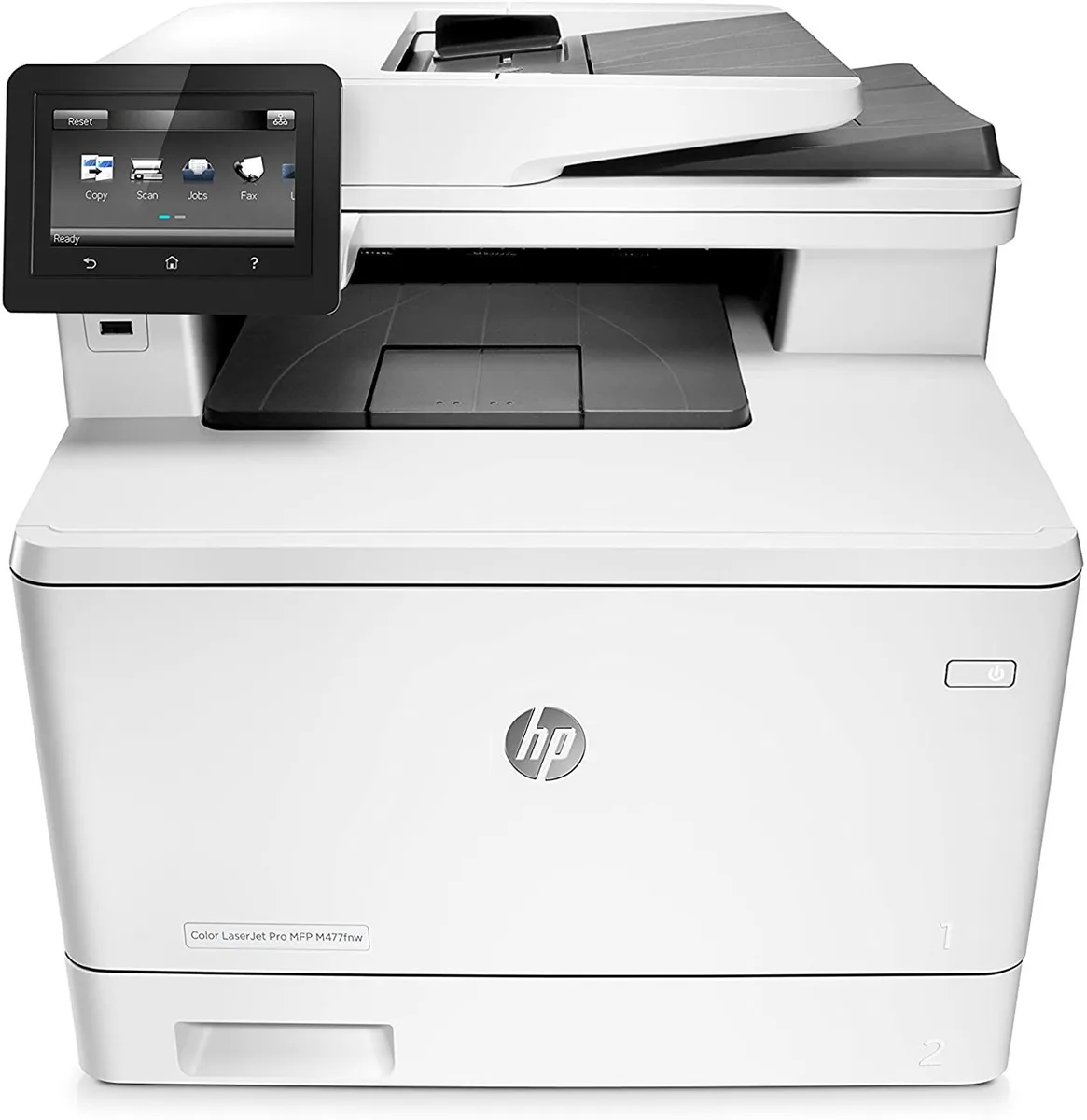 White rectangular multifunction laser printer with front paper tray and control panel