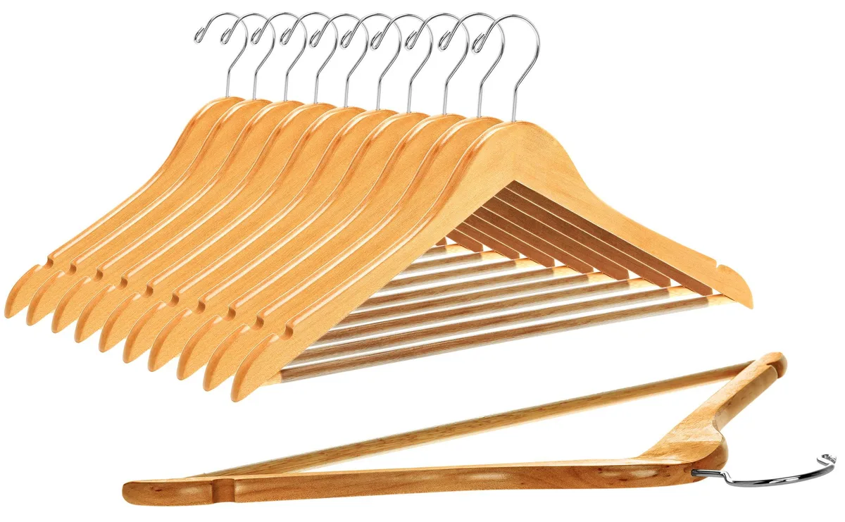 Ten natural wood coat hangers with chrome rotating hooks