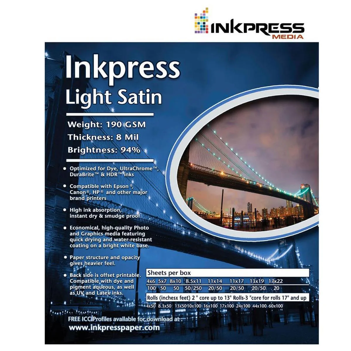 Inkpress Inkpress Light Satin Inkjet Photo Paper 190 gsm 94% Bright 36"x100' Roll — product photo