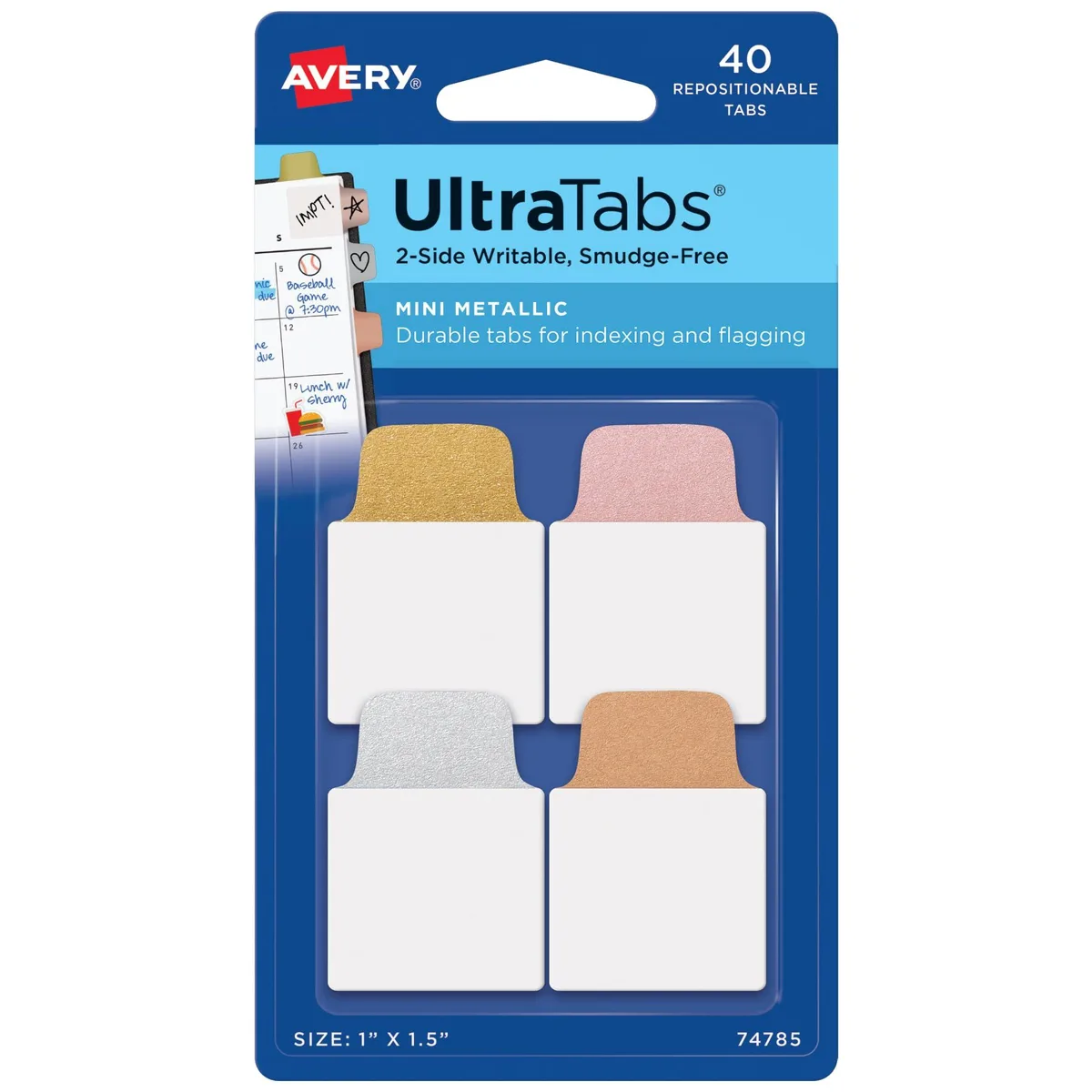 Pack of forty small metallic tabs in gold, rose gold, silver and copper, each one by one point five inches