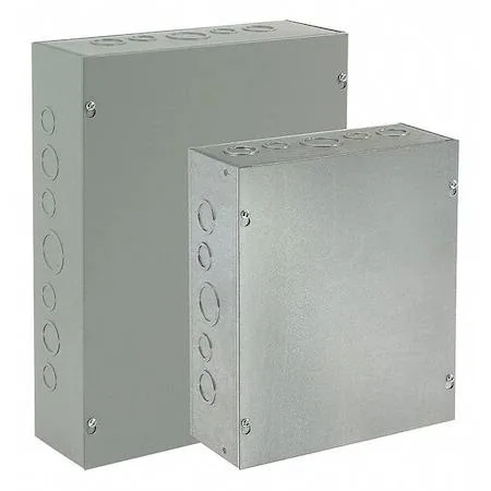Gray galvanized steel electrical enclosure, six inches square, screw-on solid cover