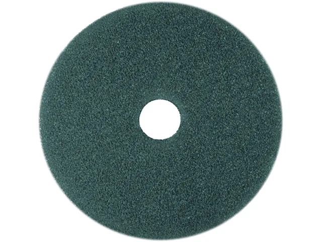 Five blue 20-inch polyester floor scrubbing pads in a carton