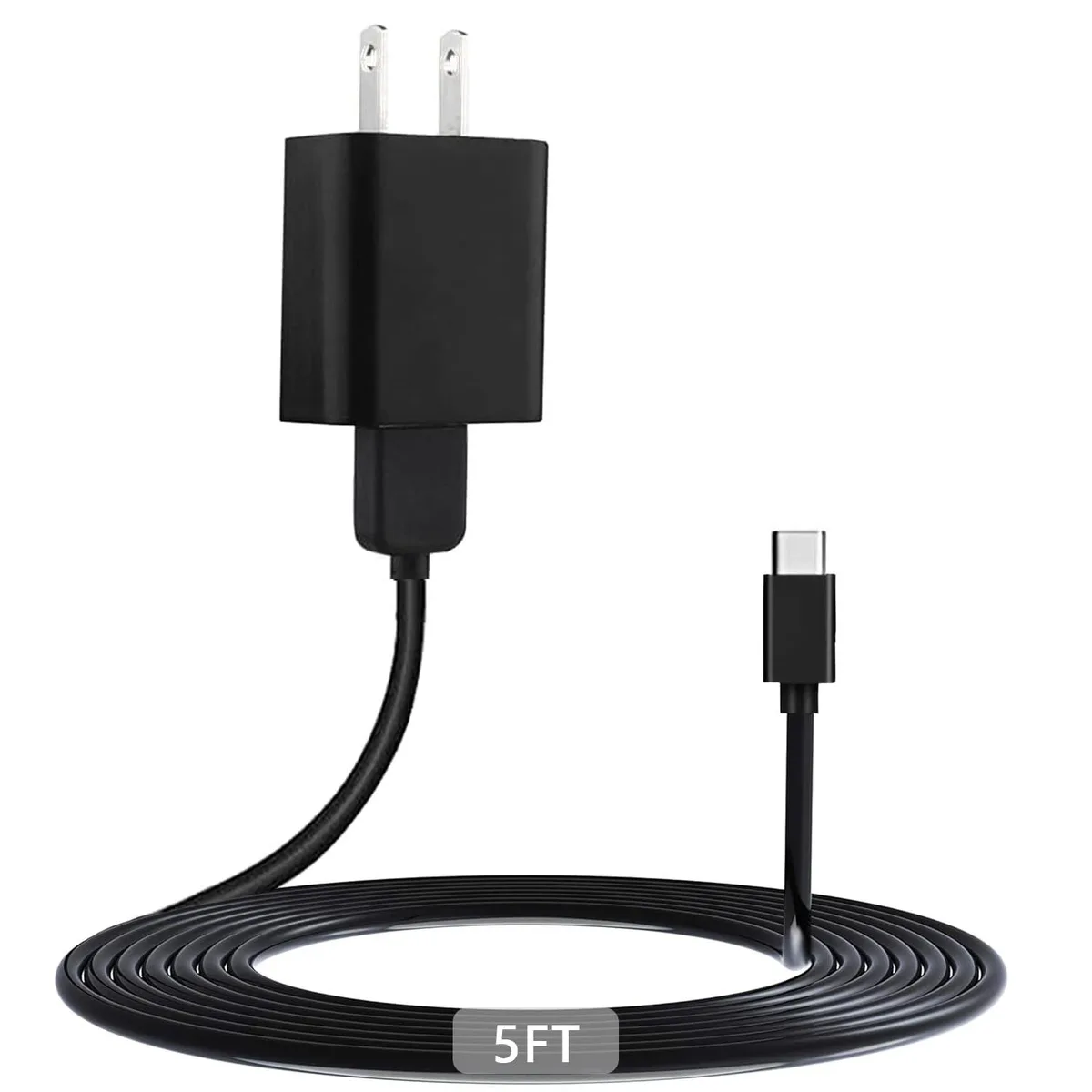 Black USB-C male-to-male cable coiled beside a white 10W wall charger adapter