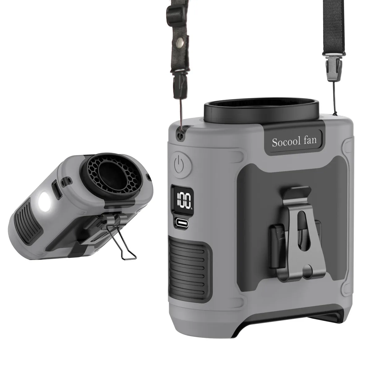 Black rectangular clip-on waist fan with dual air outlets and integrated flashlight