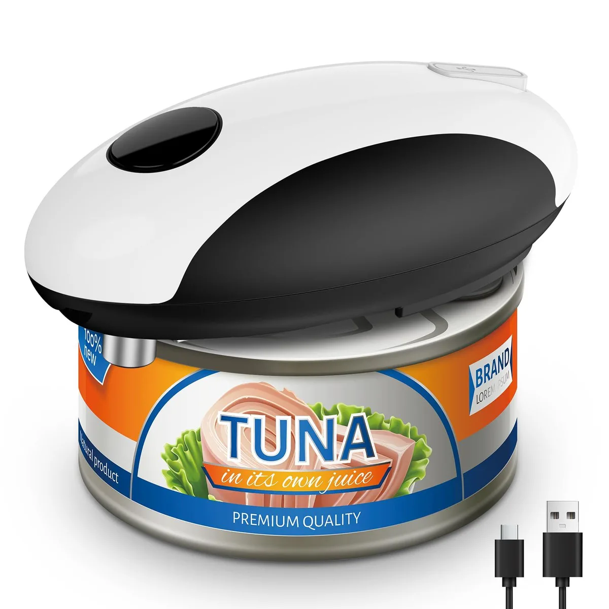 White plastic automatic can opener with USB-C port and magnetic lid holder