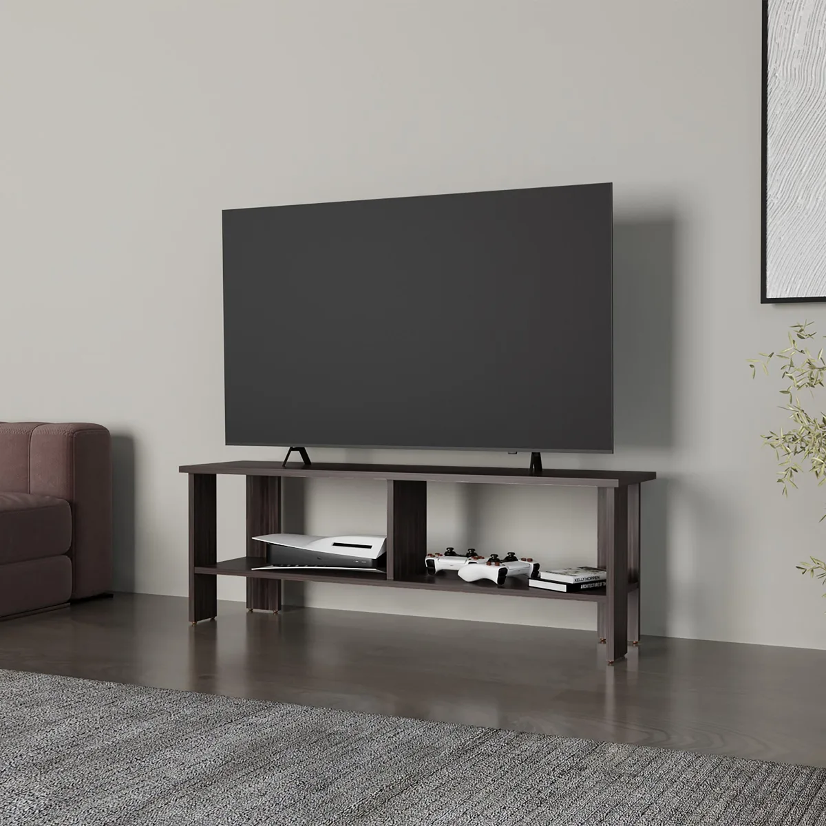 Low walnut TV stand with open shelves, 47 inches wide