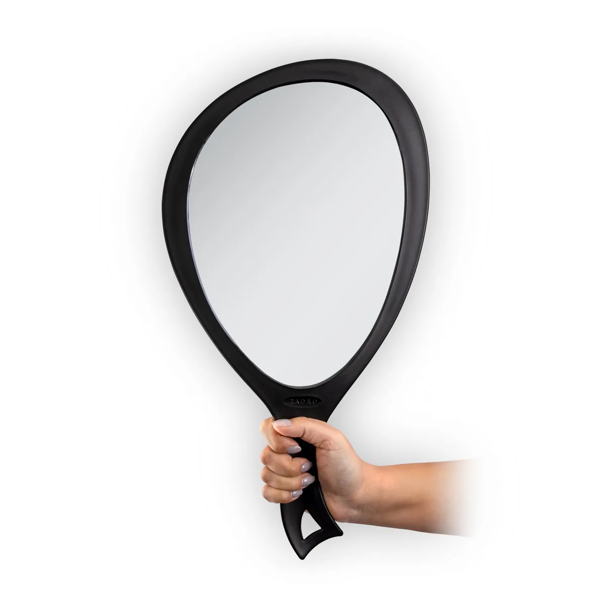 Black plastic teardrop hand mirror, oval glass, curved handle, hanging hole