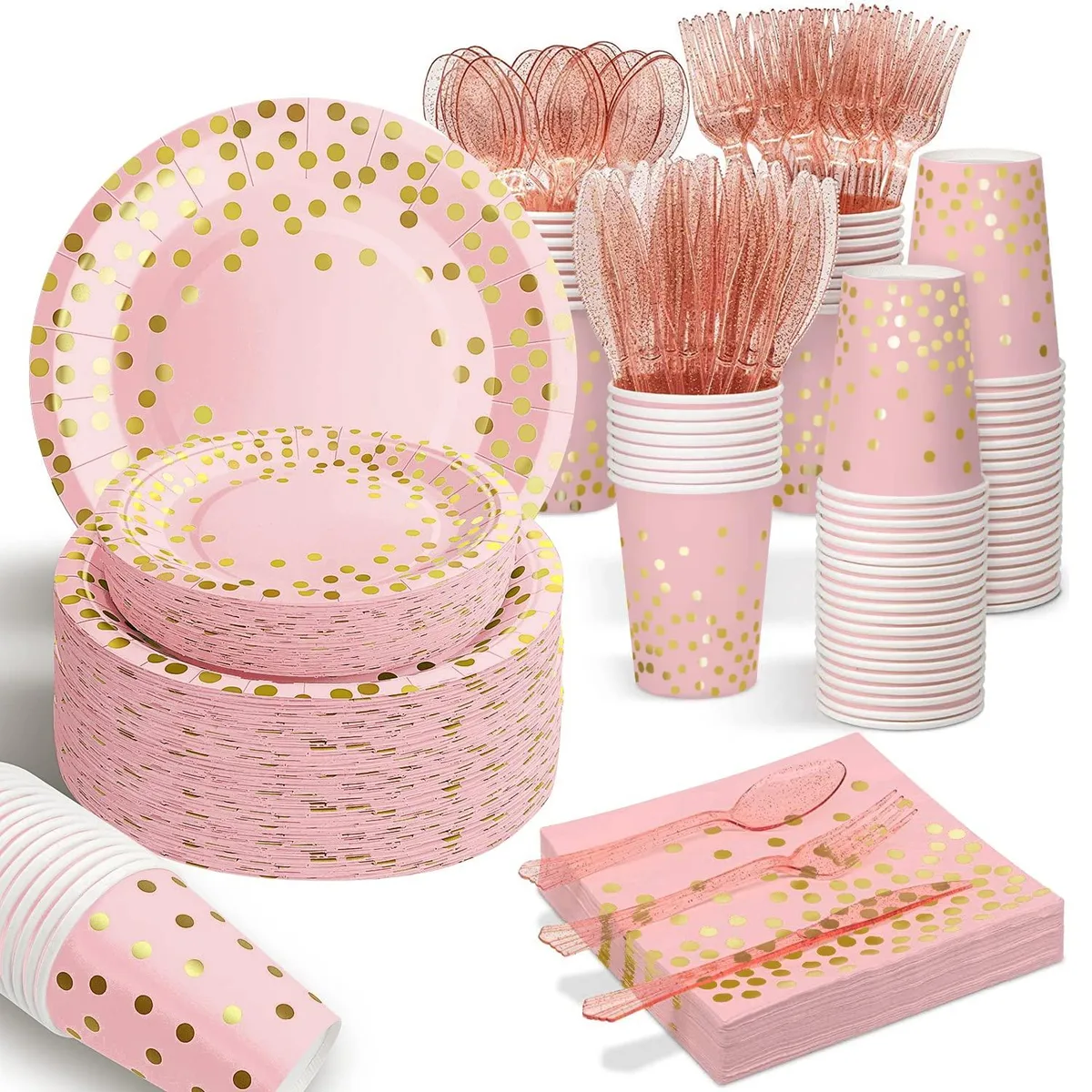 Pink and rose gold disposable party box with plates, cups, napkins and cutlery for 25 guests