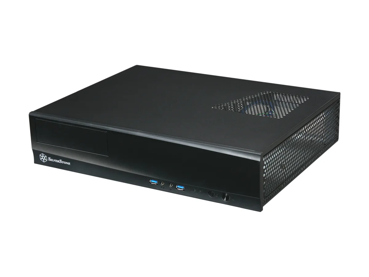 Black rectangular HTPC case, aluminum front panel, 105mm high, 340mm deep