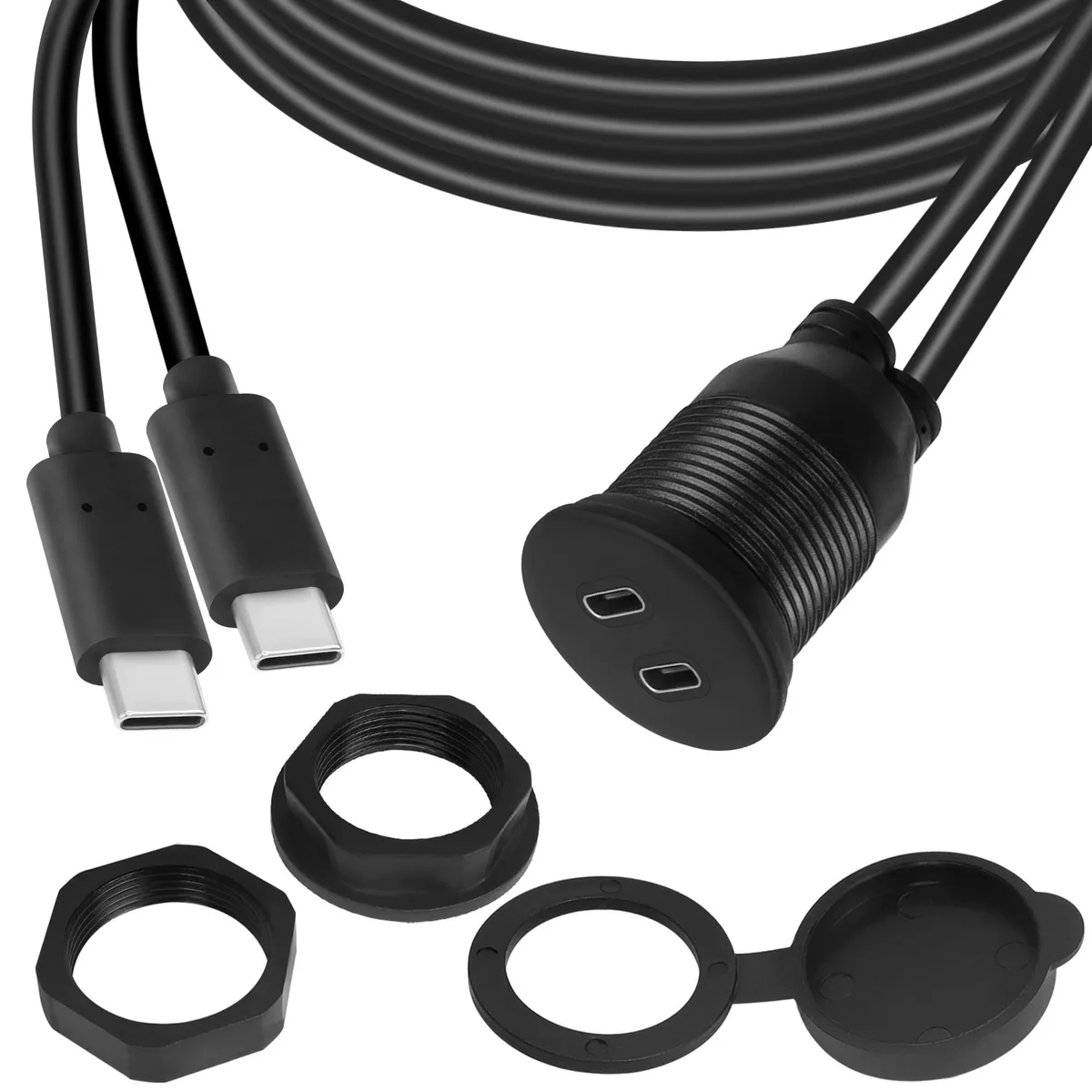 Black dual USB-C threaded flush-mount cable with waterproof caps, 1m length