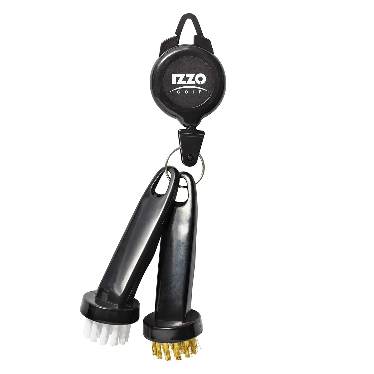 Black dual golf club brushes with nylon and brass bristles on retractable zip line