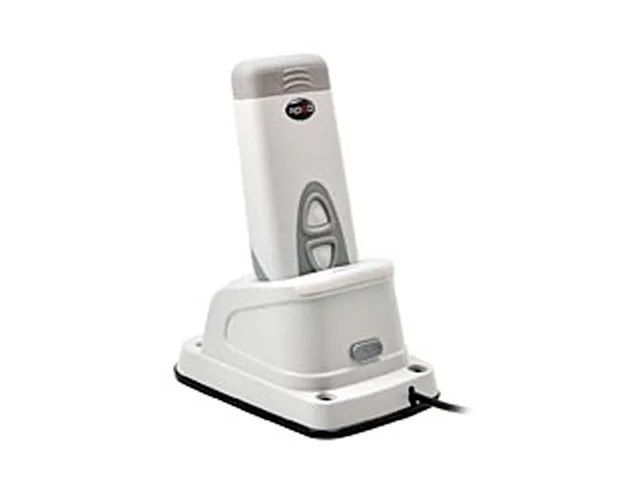 Light-grey palm barcode scanner, compact rectangular shape, no handle