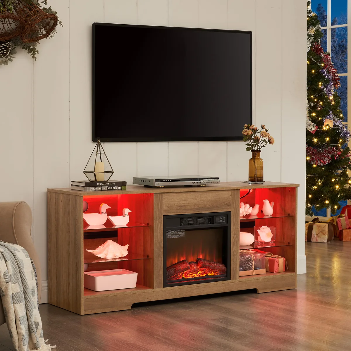 tuphen tuphen 58" TV Stand Electric Fireplace Oak 18" 3D LED USB Outlets — product photo