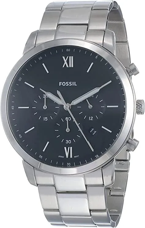 Silver stainless steel chronograph watch 44mm with black dial and metal bracelet