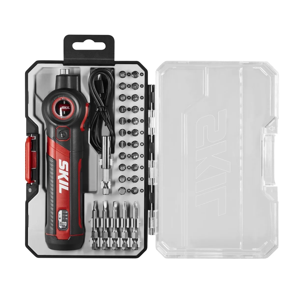Black DeWalt Twist 2.0 cordless screwdriver with pivoting head, USB-C cable, 28-piece bit set and carrying case