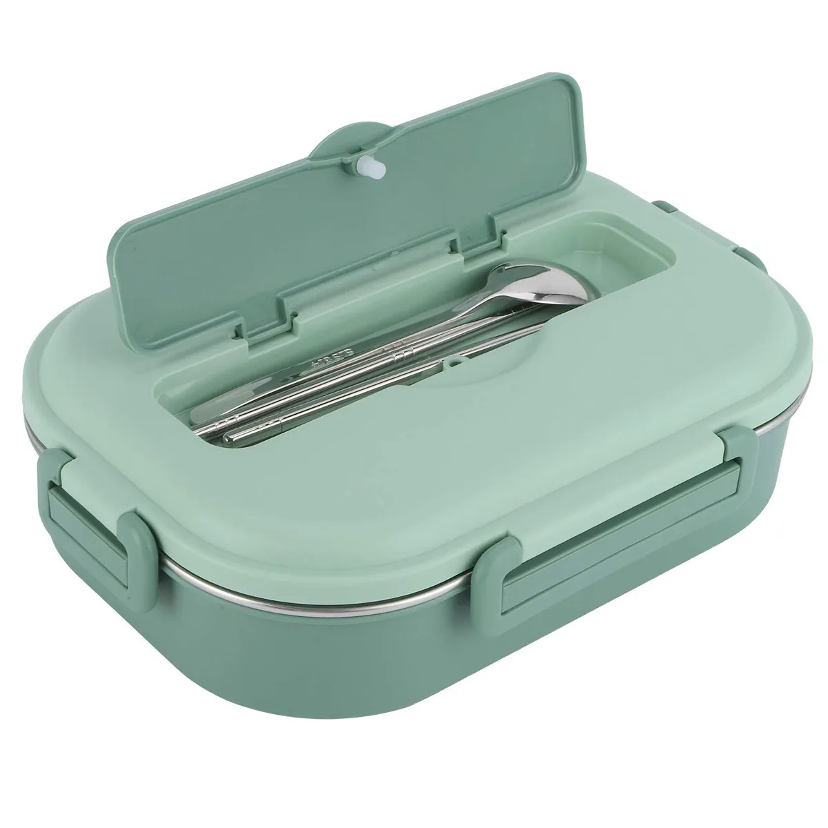 Green rectangular stainless steel lunch box with four compartments, integrated cutlery and a soup bowl