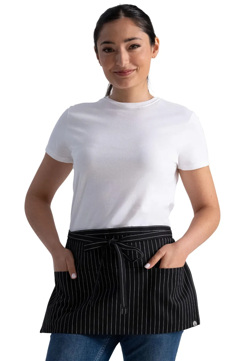 Black pinstripe waist apron with three pockets, polycotton fabric, one size