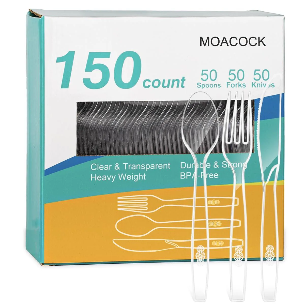 Clear plastic cutlery set, 150 pieces in box