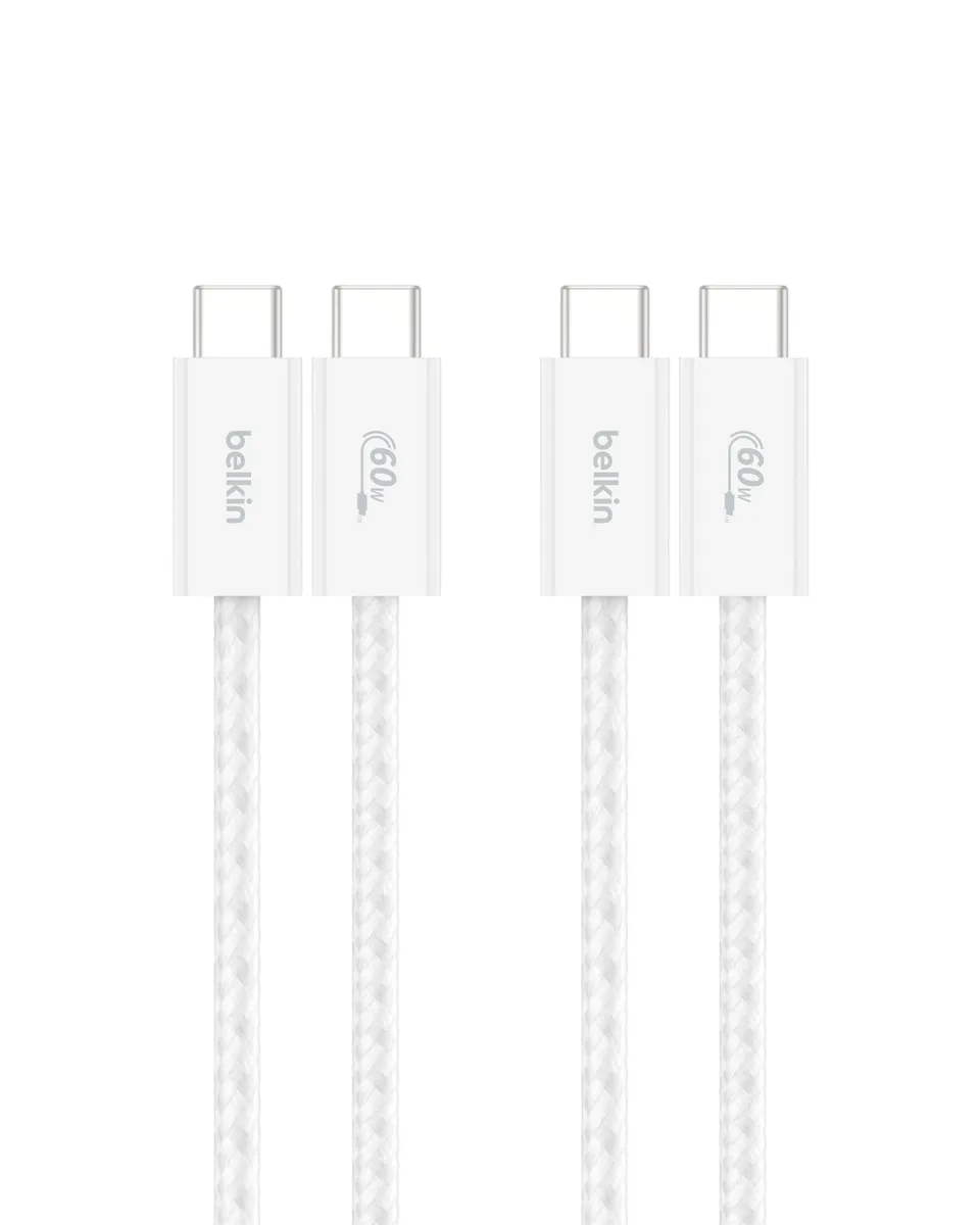 Two white braided USB-C cables coiled together, male-to-male connectors visible
