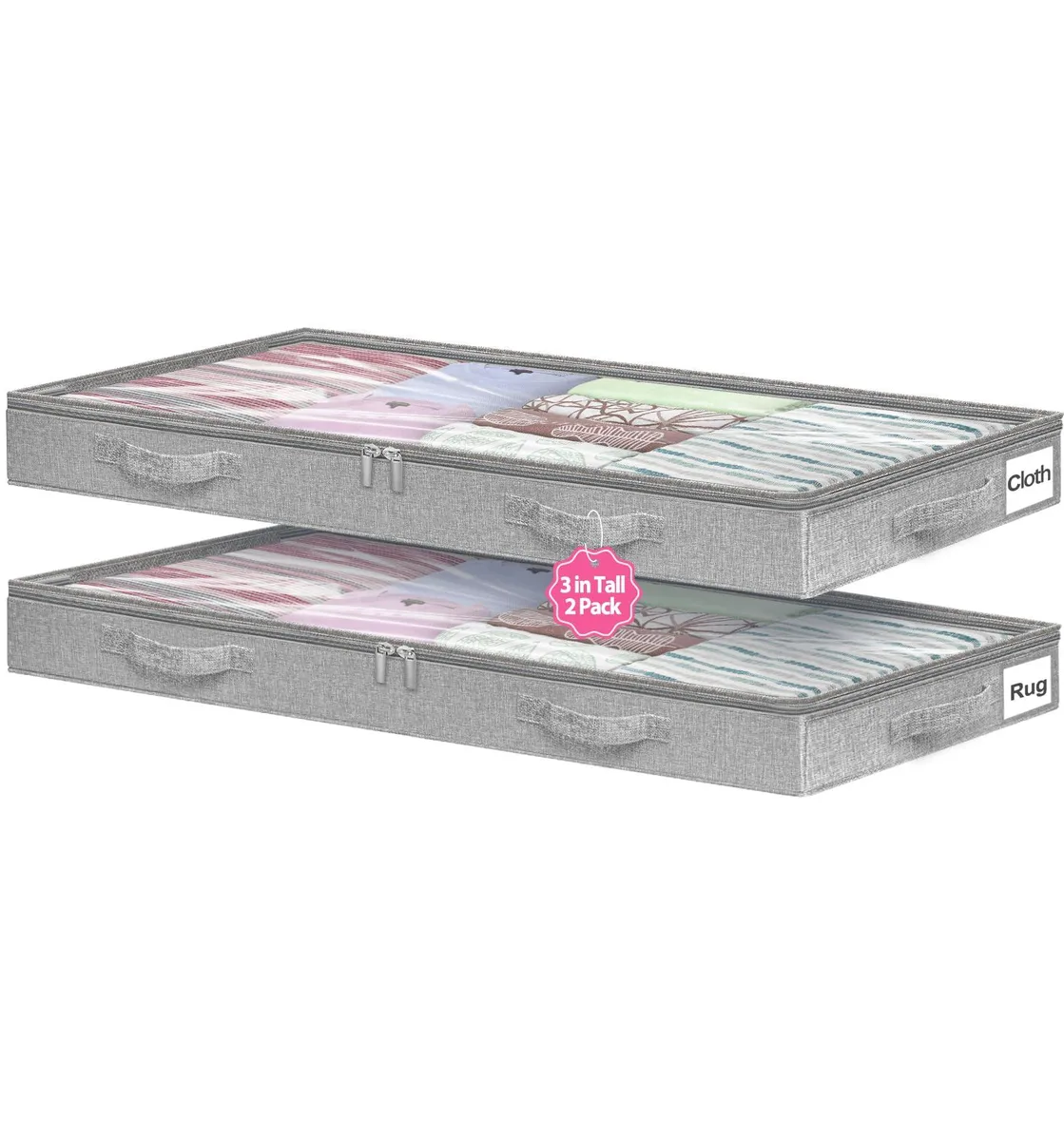 Two flat gray fabric bins with clear lids and side label pockets