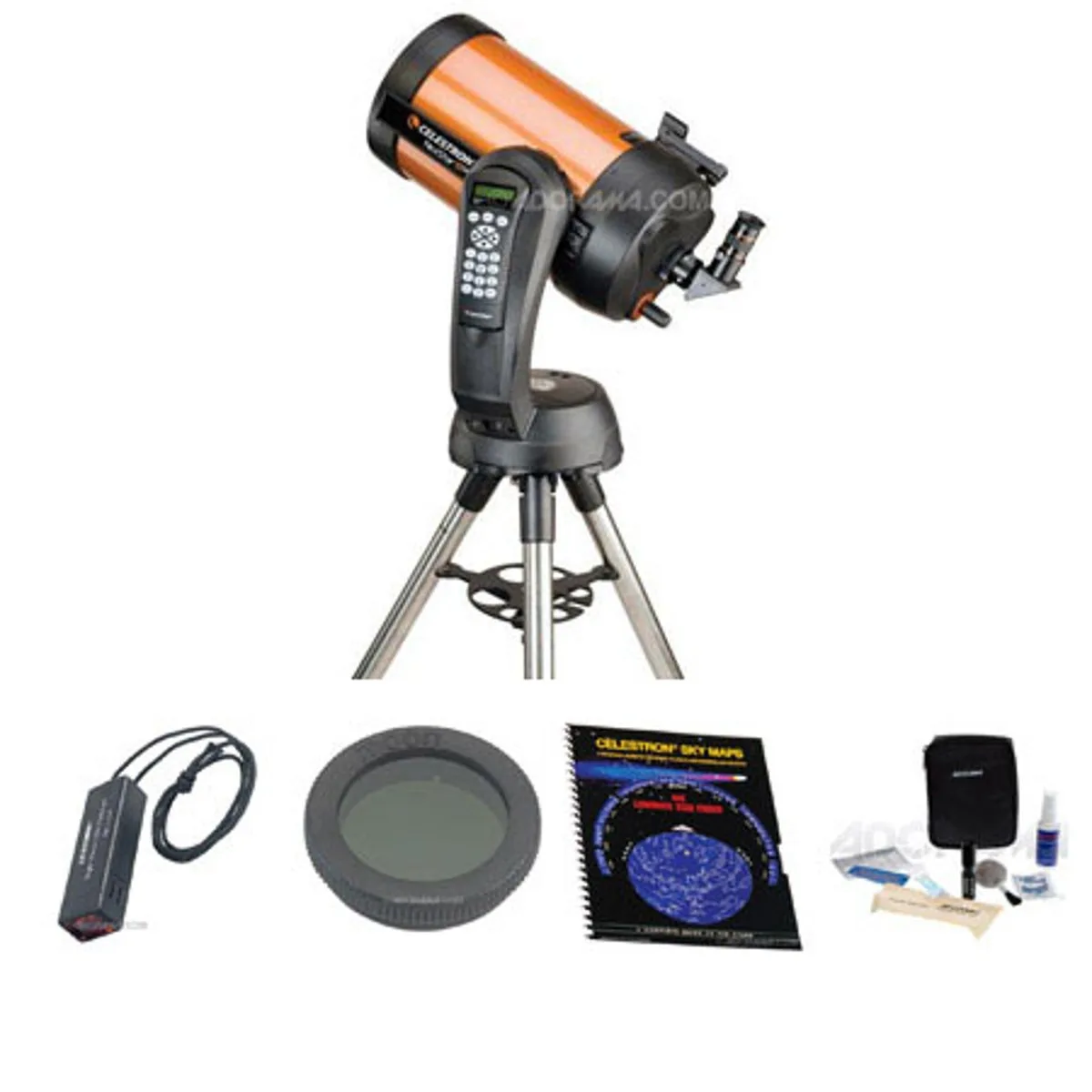 Orange Schmidt-Cassegrain optical tube on single fork arm computerized mount with tripod