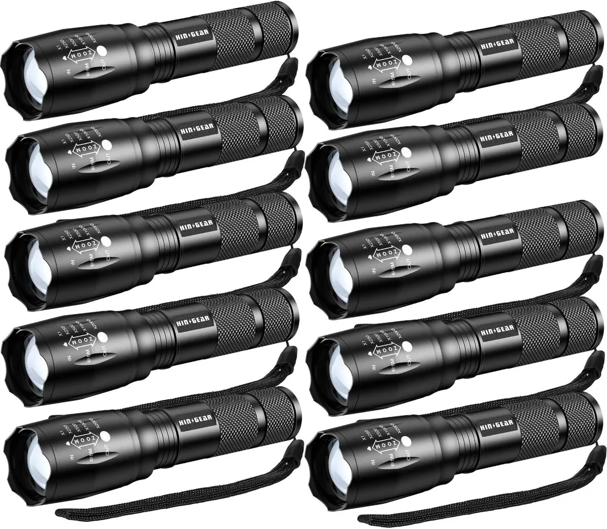 Ten silver tactical flashlights with zoomable heads lying on a dark surface