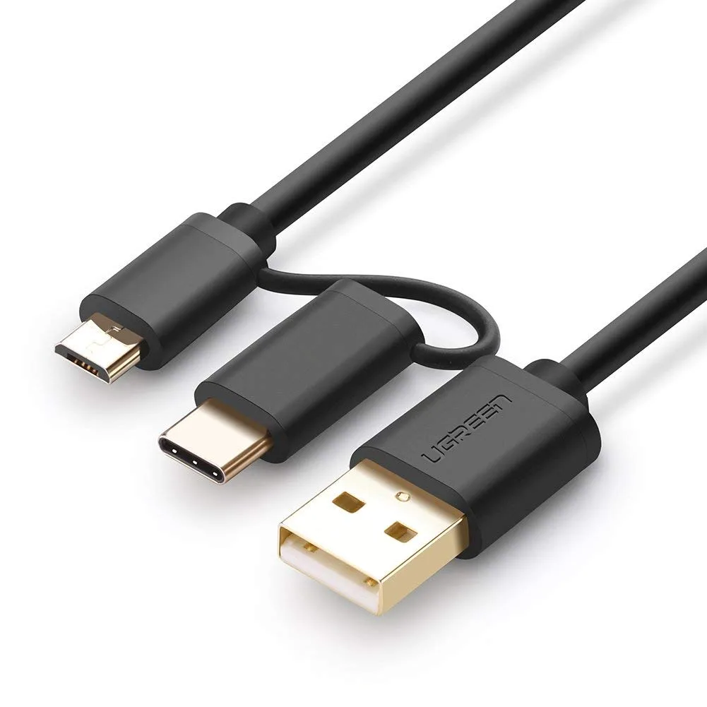Black USB 2.0 cable with USB-A, Type-C and micro-USB connectors