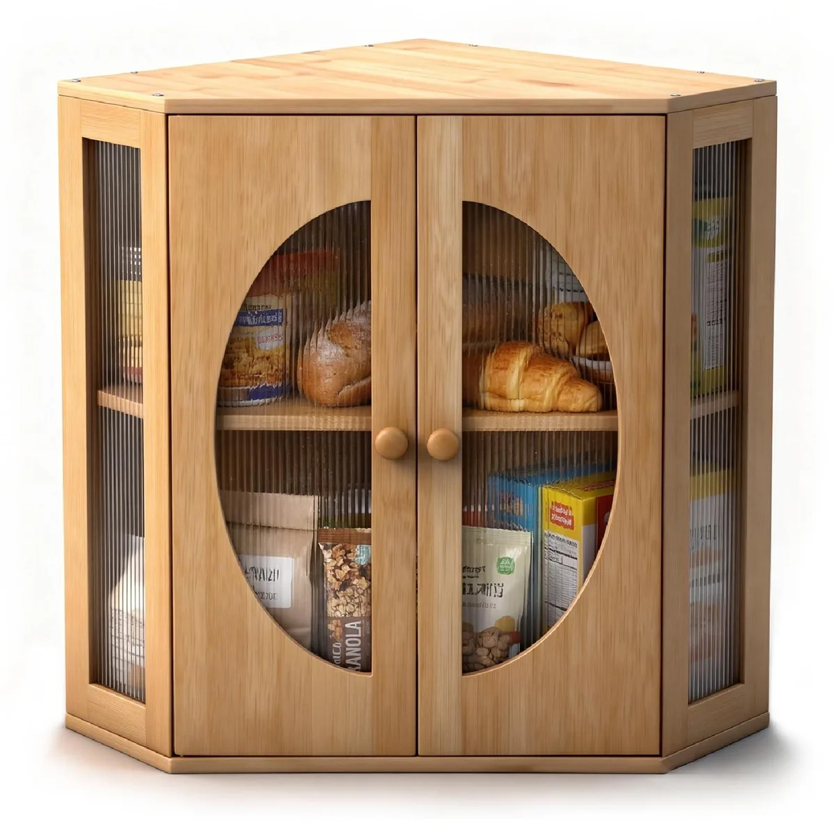 Red bamboo corner bread box with acrylic window and magnetic latch