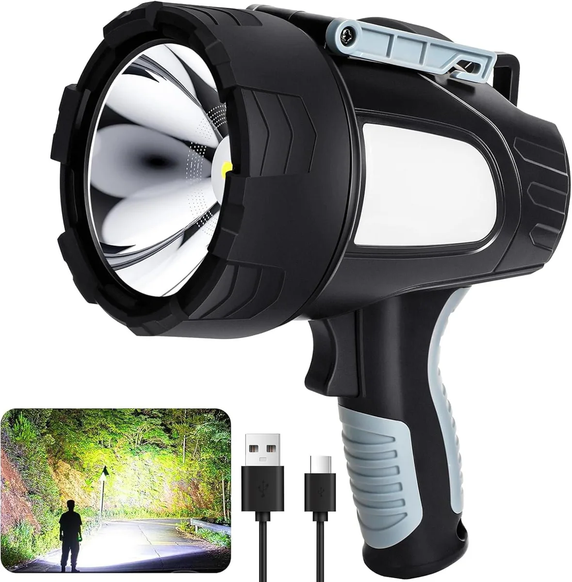 Large handheld spotlight flashlight with foldable tripod attached, matte black finish, curved grip, dual side lights visible