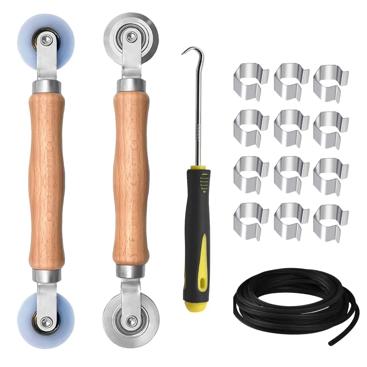 BAYTORY screen repair kit with wood-handled roller tool, spline hook, 32ft spline and 12 clips