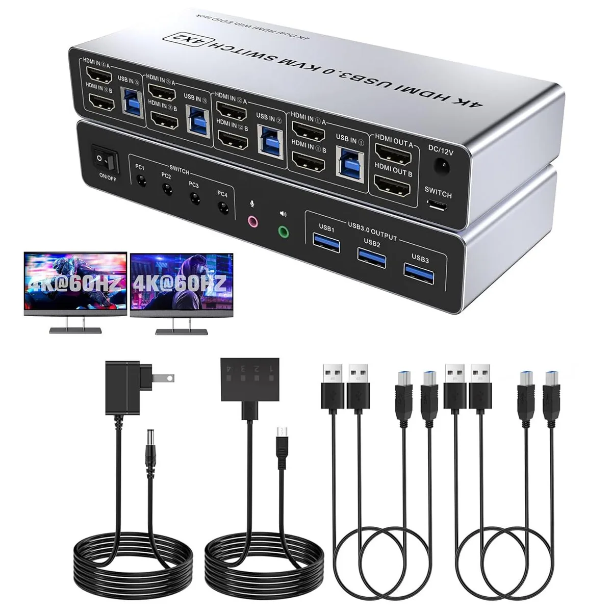 Hitoor Hitoor USB 3.0 HDMI KVM Switch 4 Computers 2 Monitors 4K@60Hz Desktop Controller — product photo