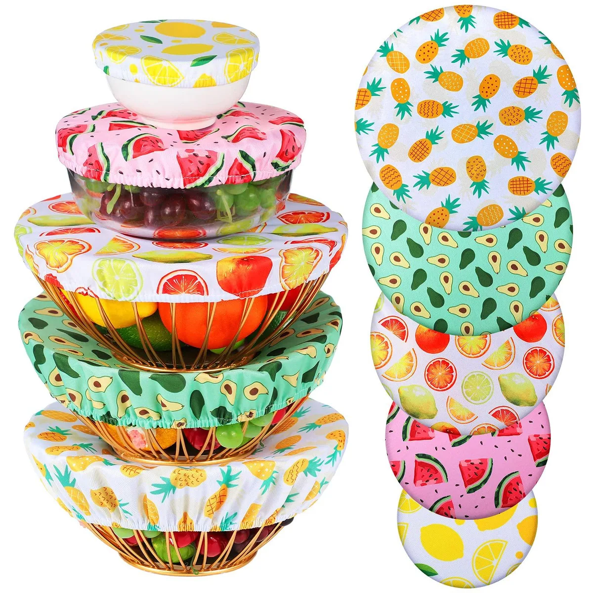 Ten stretch fabric bowl covers in five summer prints with elastic edges