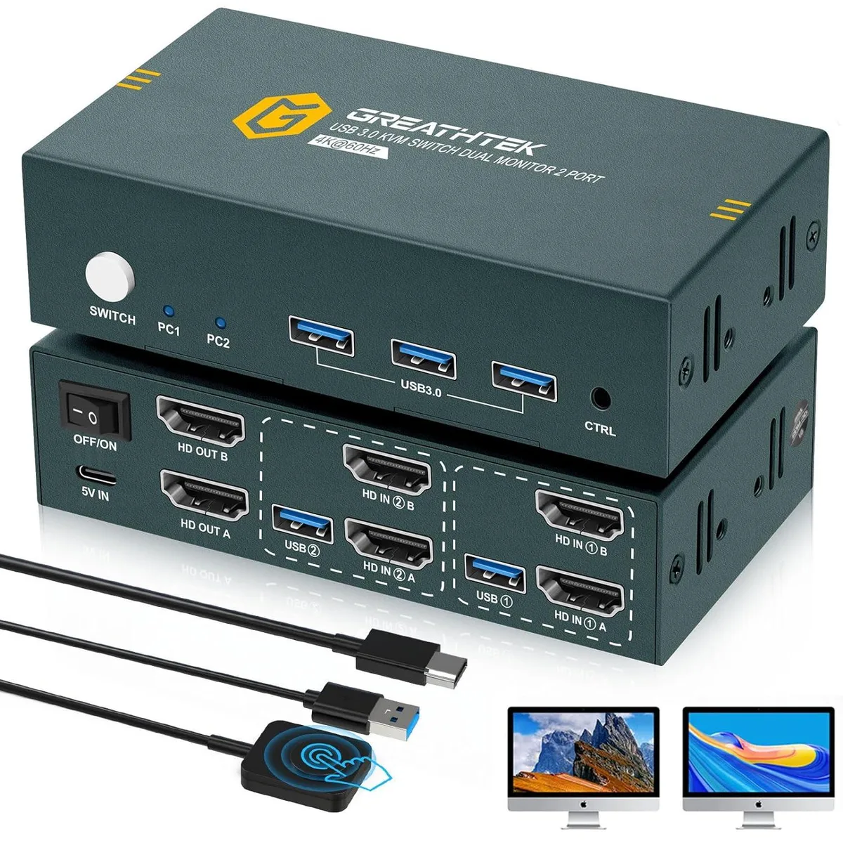 GCROWN GCROWN HDMI KVM Switch 2 Computers 2 Monitors 4K@60Hz USB 3.0 EDID — product photo