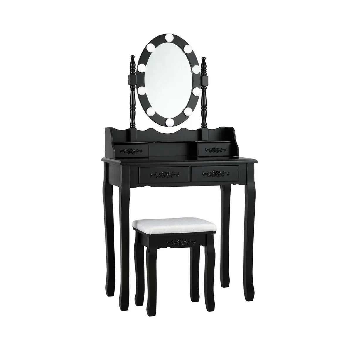 Black vanity table with lighted mirror, four drawers and cushioned stool