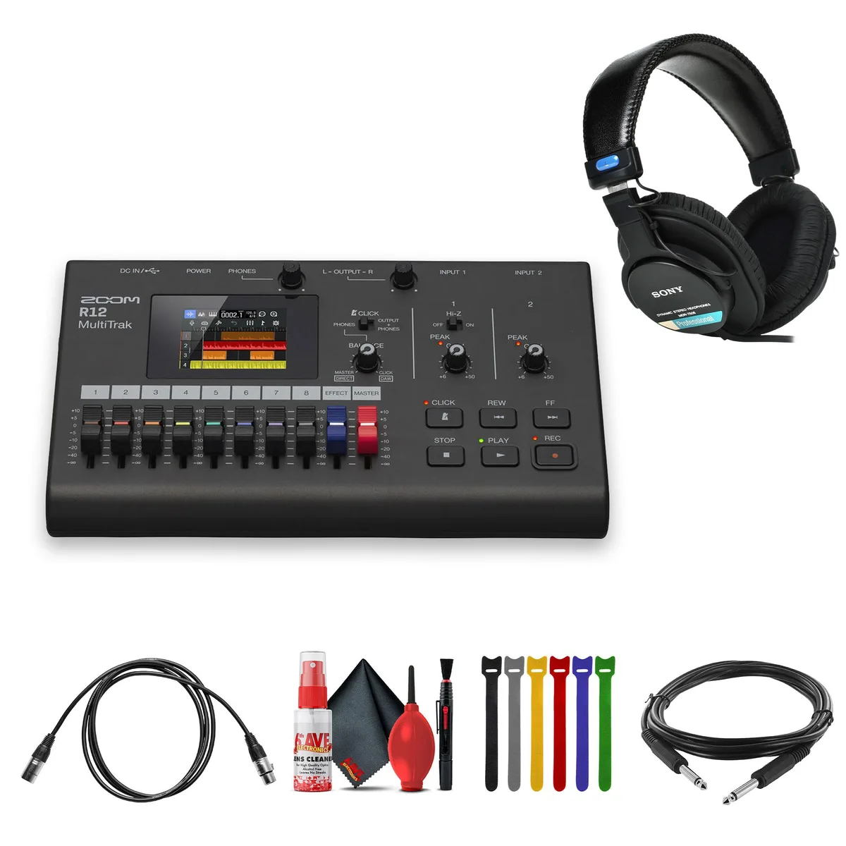 Zoom Zoom R12 MultiTrak 8-track 24-bit 44.1 kHz recorder + MDR-7506 headphones — product photo