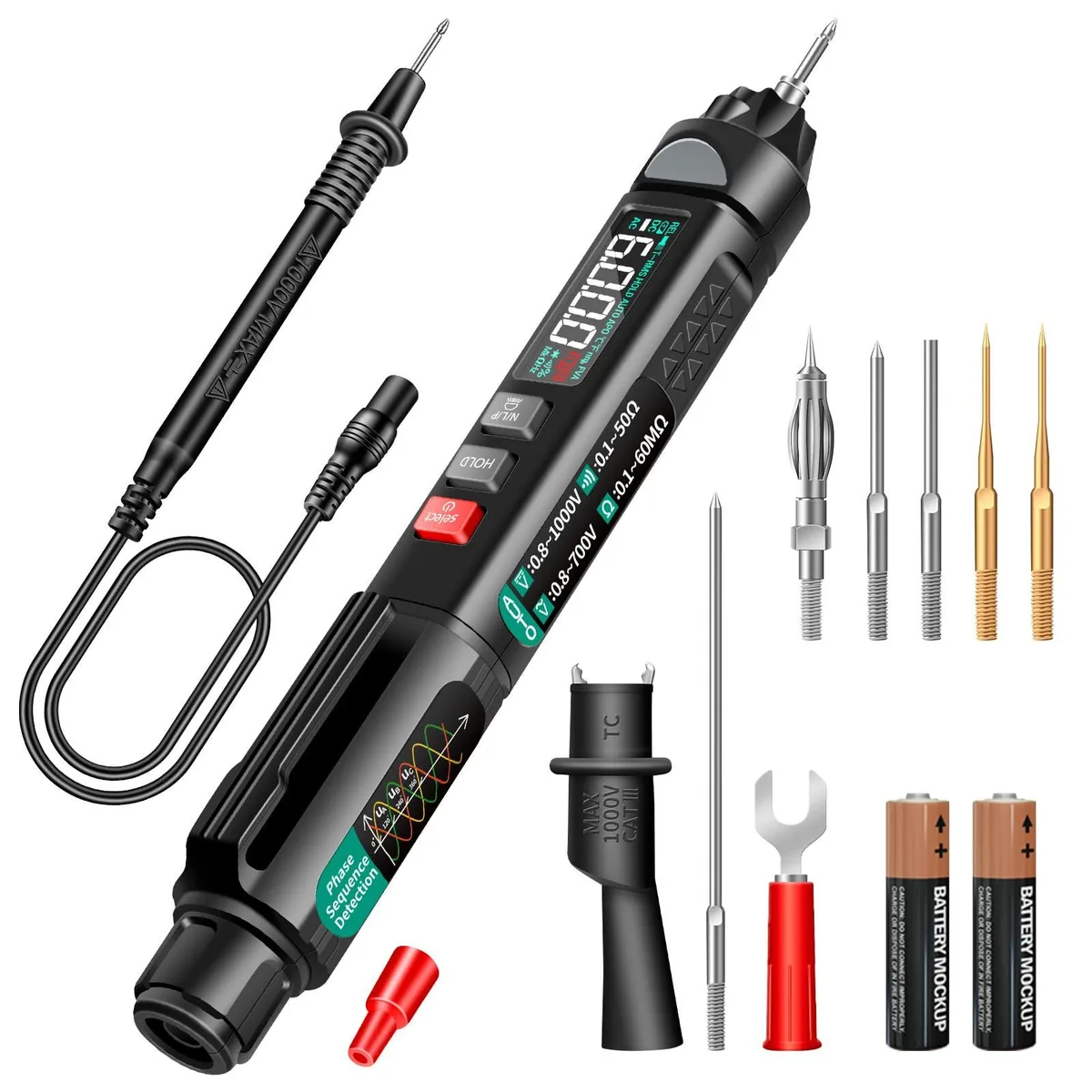 Pen-style digital multimeter with backlit display, test lead and accessory kit
