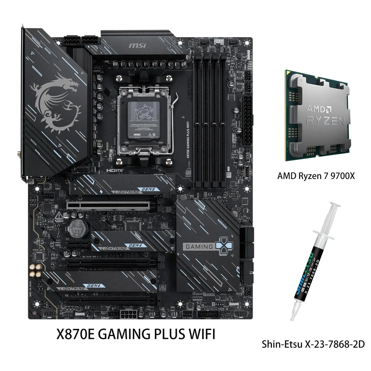 MSI MSI X870E GAMING PLUS WIFI + Ryzen 7 9700X AMD motherboard CPU combo — product photo