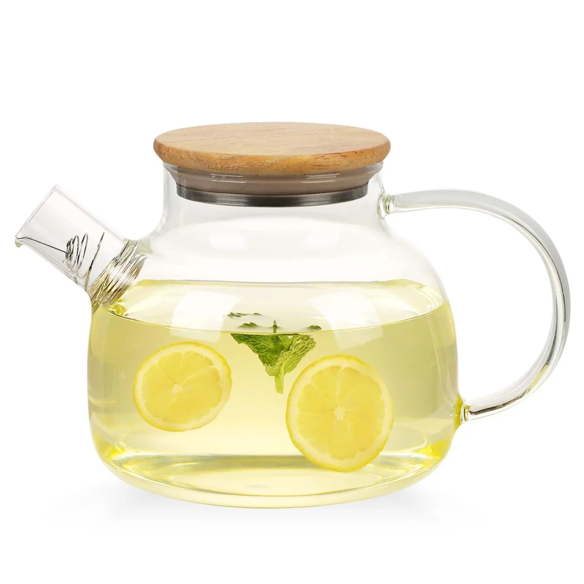 Clear glass teapot with stainless steel infuser and bamboo lid, 34 oz