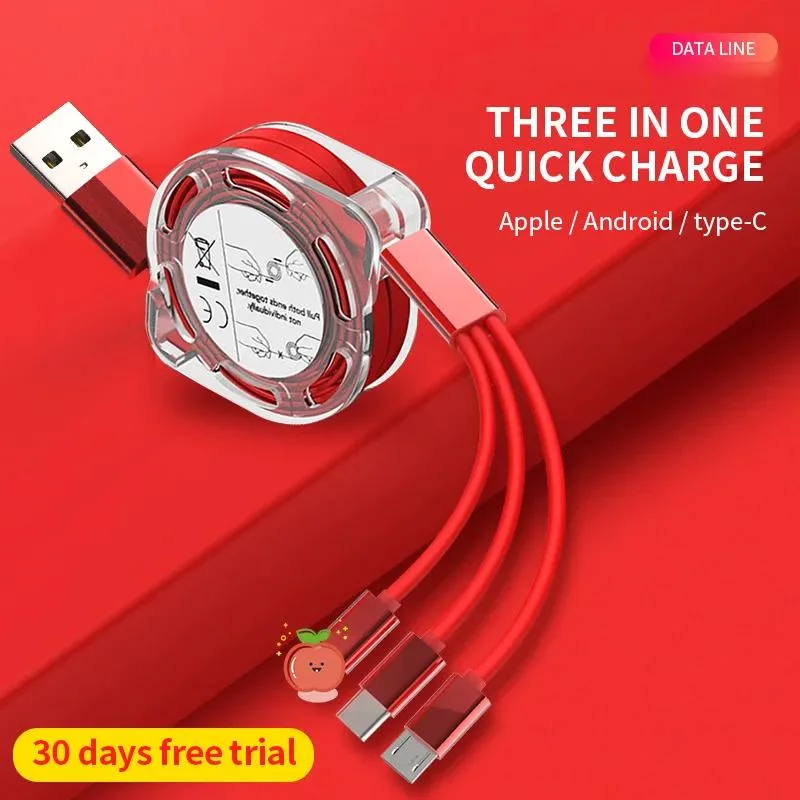 A coiled white cable with USB-A, Micro-USB and USB-C tips visible